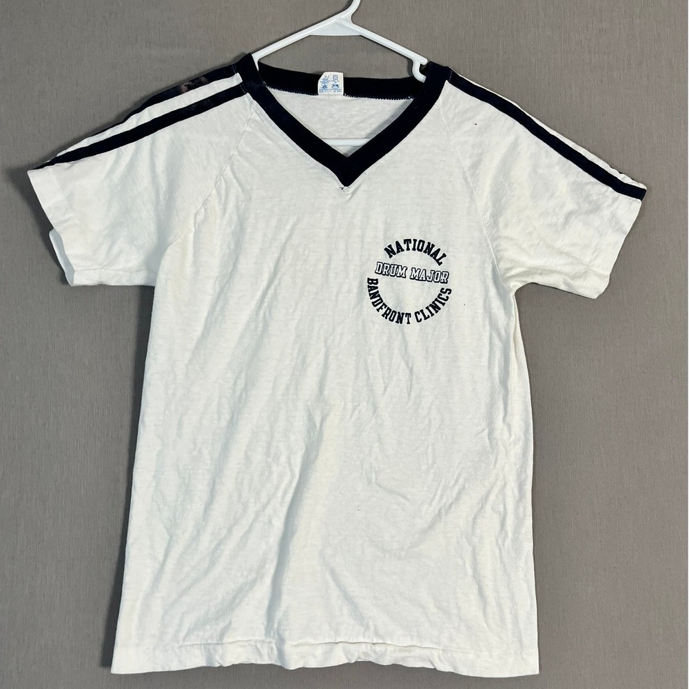 Vintage Champion Ringer Tee Raglan Sleeve V Neck M Cotton White Navy 80s GOOD